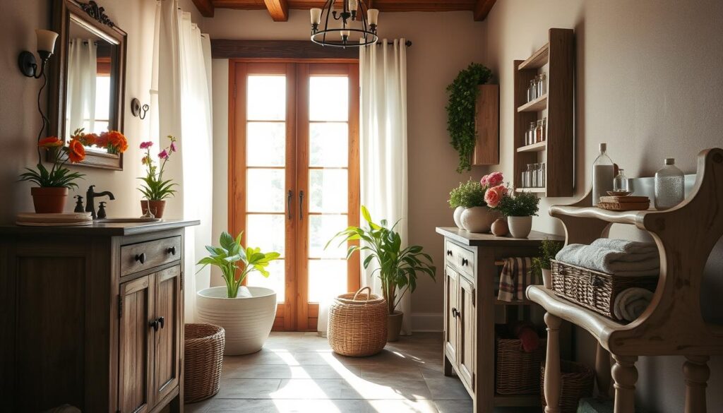 A cozy French country bathroom, bathed in soft, natural light filtering through sheer curtains. Rustic wooden vanity and storage cabinets, adorned with wrought-iron hardware and a weathered mirror frame. Lush potted plants and fresh flowers add vibrant pops of greenery, complementing the earthy tones of the stone tile flooring. A woven basket holds fluffy towels, while a driftwood-inspired shelving unit displays decorative glass jars and vases. Sunlight streams in through a large window, casting a warm glow and highlighting the natural textures throughout the space.