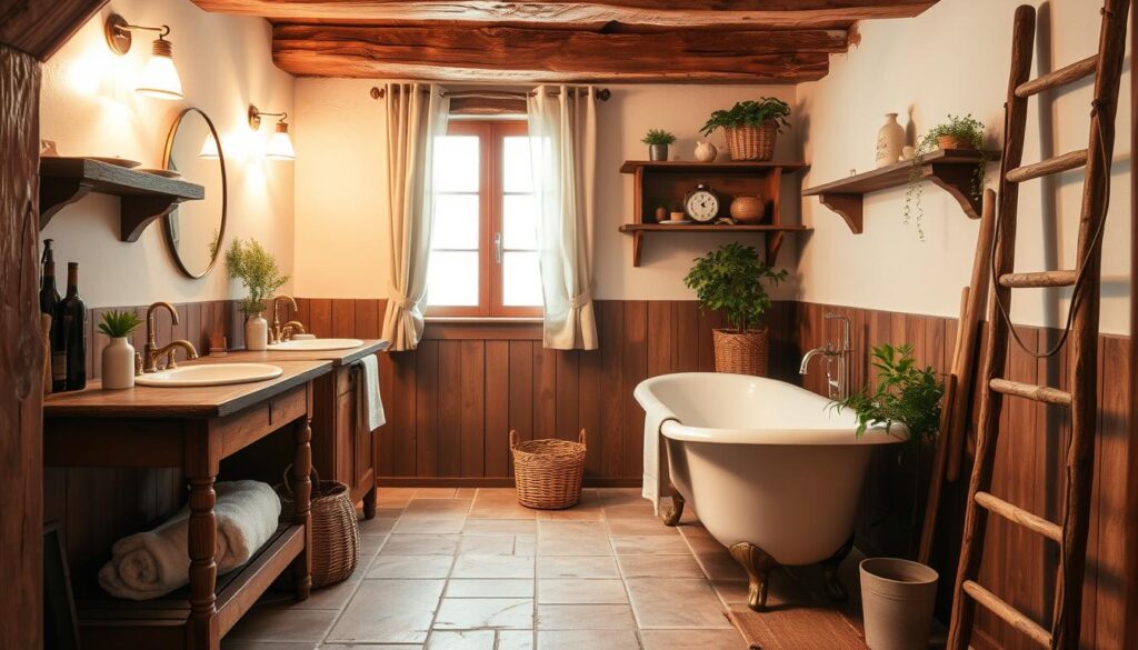 A cozy French country bathroom with a rustic aesthetic. Warm lighting illuminates the space, casting a soft glow on the aged wooden vanity and shelves. Weathered oak beams frame the room, complemented by natural stone tiles underfoot. Vintage brass fixtures and a claw-foot tub add classic charm, while linen curtains and a woven basket introduce soft textures. Potted greenery and a worn wooden ladder accent the scene, creating a harmonious blend of natural materials for a timeless, inviting ambiance.