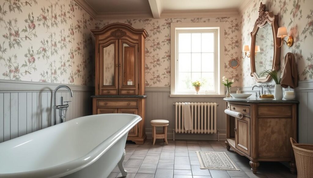 A cozy French country-style bathroom, bathed in soft, inviting hues. The foreground features a freestanding claw-foot bathtub, its vintage charm accentuated by a neutral palette of soft blues, greens, and grays. The middle ground showcases a rustic vanity unit with intricate details, complemented by a large, ornate mirror. In the background, delicate floral wallpaper in muted tones creates a serene, feminine ambiance, while natural light filters in through a large window, casting a warm glow throughout the space. The overall atmosphere is one of relaxation and effortless elegance, reflecting the essence of French country style.