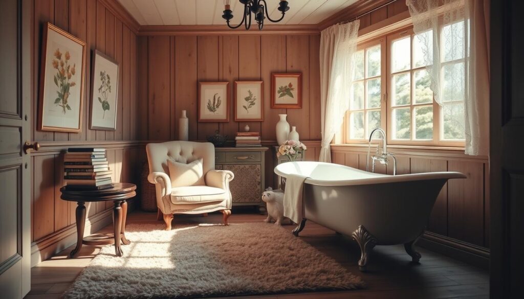 A cozy French country style bathroom with a reading nook. Warm natural light filters through a large window, illuminating a plush armchair and side table stacked with well-worn books. The walls are adorned with rustic wooden panels and vintage botanical prints. A plush area rug in muted tones grounds the space, while delicate lace curtains add a touch of softness. A freestanding claw-foot tub sits nearby, hinting at the relaxing ambiance. The overall atmosphere is one of tranquility and understated elegance, inviting the viewer to curl up with a good book.