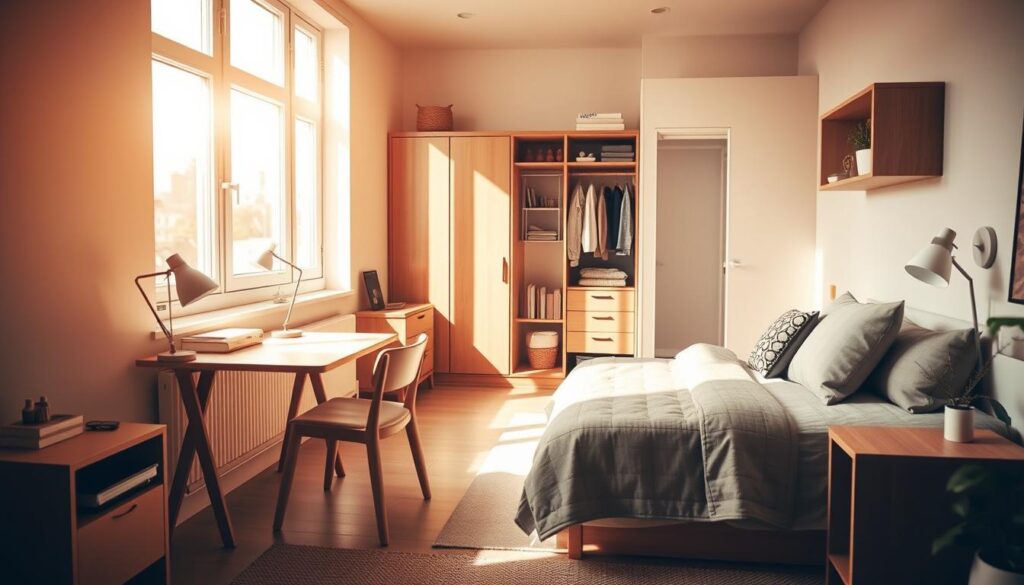 A cozy and efficiently organized small bedroom with distinct functional zones. The room is bathed in warm, natural lighting filtering through large windows, casting a soft glow on the space. In the foreground, a compact study nook with a minimalist wooden desk and a comfortable chair, ideal for focused work or reading. The middle ground features a neatly arranged sleeping area with a low-profile bed, nightstands, and carefully curated decor. The background showcases a compact but well-designed closet system, maximizing storage and creating a sense of order. The overall atmosphere is calm, inviting, and thoughtfully designed to make the most of the limited square footage. A cozy and efficiently organized small bedroom with distinct functional zones. The room is bathed in warm, natural lighting filtering through large windows, casting a soft glow on the space. In the foreground, a compact study nook with a minimalist wooden desk and a comfortable chair, ideal for focused work or reading. The middle ground features a neatly arranged sleeping area with a low-profile bed, nightstands, and carefully curated decor. The background showcases a compact but well-designed closet system, maximizing storage and creating a sense of order. The overall atmosphere is calm, inviting, and thoughtfully designed to make the most of the limited square footage.
