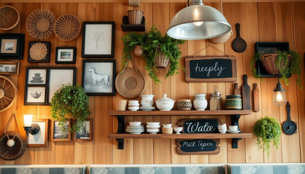 A cozy and inviting DIY kitchen wall decor scene, showcasing a rustic wood-paneled backdrop with an array of handcrafted, personalized elements. In the foreground, a mix of framed wall art, woven baskets, and hanging greenery create a visually striking and eclectic display. The middle ground features a floating wooden shelf adorned with ceramics, trinkets, and a chalkboard sign with a personalized message. Soft, warm lighting from sconces and a pendant fixture casts a gentle glow, highlighting the unique and charming nature of the custom-curated space. The overall atmosphere evokes a sense of homeliness, creativity, and a touch of farmhouse-inspired style.