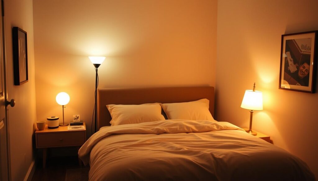 A cozy and inviting bedroom with a warm, soft lighting setup. The room features a large, comfy bed with plush bedding, accompanied by a pair of minimalist nightstands with delicate, glowing lamps. In the corner, a stylish floor lamp casts a gentle, diffused light, creating a relaxing ambiance. The walls are adorned with a few pieces of abstract art, adding a touch of personality. The overall atmosphere is intimate and conducive to relaxation, perfect for a small, well-designed bedroom. A cozy and inviting bedroom with a warm, soft lighting setup. The room features a large, comfy bed with plush bedding, accompanied by a pair of minimalist nightstands with delicate, glowing lamps. In the corner, a stylish floor lamp casts a gentle, diffused light, creating a relaxing ambiance. The walls are adorned with a few pieces of abstract art, adding a touch of personality. The overall atmosphere is intimate and conducive to relaxation, perfect for a small, well-designed bedroom.