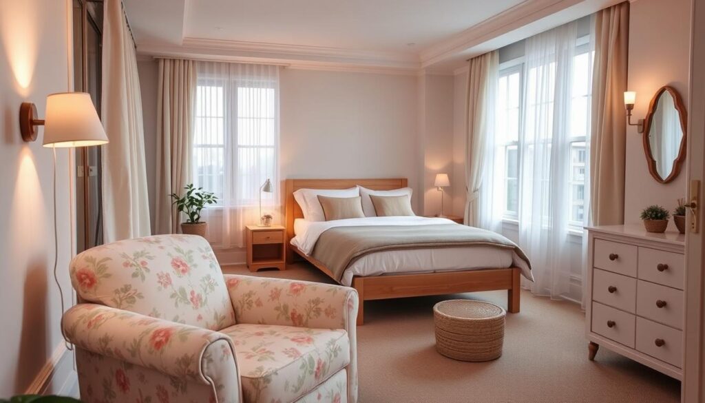 A cozy and inviting bedroom with soft, light colors and delicate patterns. The foreground features a plush, oversized armchair upholstered in a pastel floral print, paired with a small side table and a potted plant. The middle ground showcases a minimalist wooden bed frame with crisp white bedding and throw pillows in muted tones. The background depicts large windows with sheer curtains, allowing natural light to flood the space and create a warm, welcoming atmosphere. The room is illuminated by subtle, ambient lighting from a floor lamp and wall sconces, casting a gentle glow throughout. The overall design evokes a sense of tranquility and relaxation, perfect for a small, soothing bedroom.