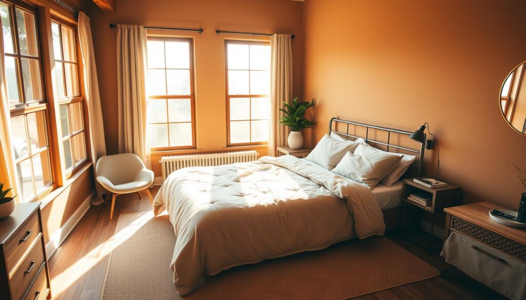 A cozy and inviting diagonal bedroom layout with a large, comfortable bed positioned diagonally in the center of the room. The bedroom is flooded with warm, natural light streaming in through large windows, casting a soft, golden glow throughout the space. The walls are painted in a soothing, earthy tone, complemented by plush, textured bedding and a mix of natural wood and metal furnishings. A small reading nook with a cozy armchair is positioned in the corner, and a minimalist, geometric-patterned rug ties the room together. The overall atmosphere is one of relaxation and functionality, showcasing how a diagonal layout can maximize the use of limited space in a small bedroom. A cozy and inviting diagonal bedroom layout with a large, comfortable bed positioned diagonally in the center of the room. The bedroom is flooded with warm, natural light streaming in through large windows, casting a soft, golden glow throughout the space. The walls are painted in a soothing, earthy tone, complemented by plush, textured bedding and a mix of natural wood and metal furnishings. A small reading nook with a cozy armchair is positioned in the corner, and a minimalist, geometric-patterned rug ties the room together. The overall atmosphere is one of relaxation and functionality, showcasing how a diagonal layout can maximize the use of limited space in a small bedroom.