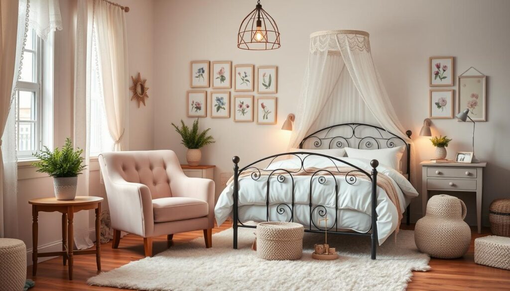 A cozy and inviting girls bedroom design, filled with delicate floral accents, soft pastel hues, and charming decorative pieces. In the foreground, a plush velvet armchair in a pale pink shade sits next to a wooden nightstand adorned with a lush potted plant and a textured ceramic vase. The middle ground features a wrought-iron bed frame with crisp white bedding, complemented by a fluffy ivory rug and a delicate lace canopy. The background showcases a wall adorned with a gallery of framed floral prints, creating a serene and whimsical atmosphere. Gentle, warm lighting from a stylish pendant fixture and bedside sconces casts a soothing glow throughout the space.