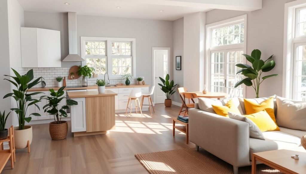 A cozy and inviting open-concept kitchen and living room with a harmonious color palette. The kitchen features sleek white cabinetry, light wood countertops, and a minimal subway tile backsplash. Soft gray walls create a soothing backdrop, accented by lush potted plants. The living area has a plush, neutral-toned sofa and armchair, complemented by warm-toned wood accents and a woven area rug. Abundant natural light streams in through large windows, casting a gentle glow over the space. Subtle pops of color, such as a mustard-yellow throw pillow, add visual interest. The overall atmosphere is one of calm, balance, and effortless style. A cozy and inviting open-concept kitchen and living room with a harmonious color palette. The kitchen features sleek white cabinetry, light wood countertops, and a minimal subway tile backsplash. Soft gray walls create a soothing backdrop, accented by lush potted plants. The living area has a plush, neutral-toned sofa and armchair, complemented by warm-toned wood accents and a woven area rug. Abundant natural light streams in through large windows, casting a gentle glow over the space. Subtle pops of color, such as a mustard-yellow throw pillow, add visual interest. The overall atmosphere is one of calm, balance, and effortless style.