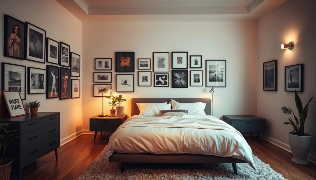 A cozy and inviting small bedroom with warm lighting, minimalist furniture, and thoughtful decor. A stylish platform bed with plush bedding occupies the foreground, flanked by sleek nightstands. The walls are adorned with a gallery of framed artwork, creating a visually interesting and personalized space. A discreet desk in the corner allows for a functional workspace, while a fluffy area rug and a few potted plants add natural touches. The room is bathed in a soft, ambient glow from a pair of minimalist wall sconces, creating a serene and relaxing atmosphere.
