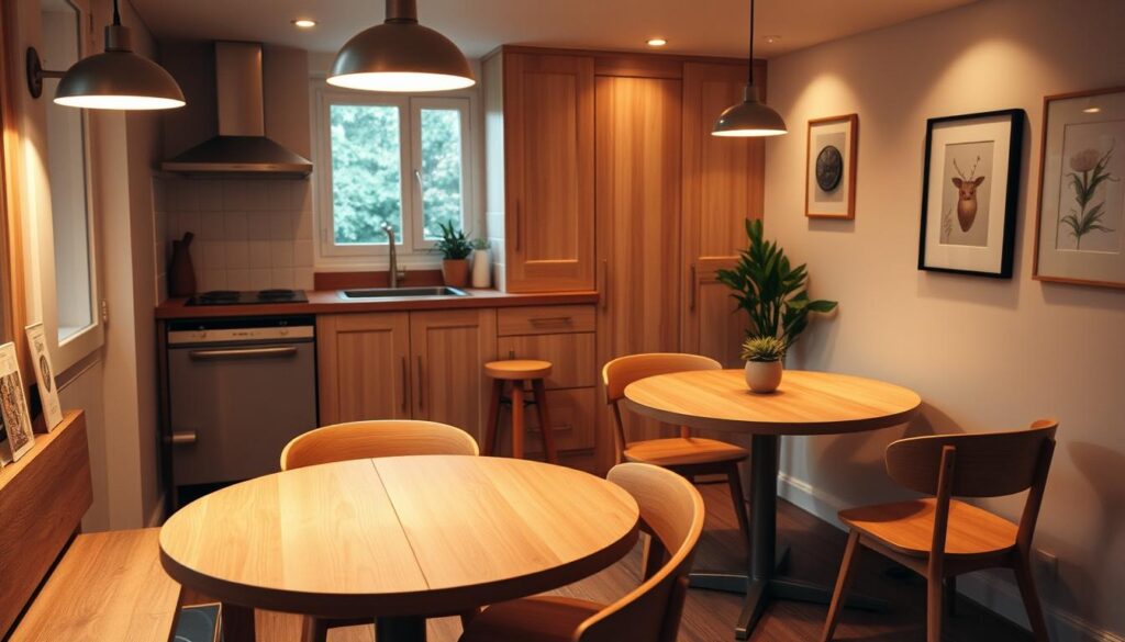 A cozy and inviting small kitchen and dining room with round wooden dining tables, bathed in warm lighting and surrounded by minimalist decor. The tables are positioned in the corner of the room, making efficient use of the available space. The tables feature a sleek, modern design with clean lines and a natural wood finish that complements the overall aesthetic. The lighting, a combination of pendant lamps and recessed fixtures, casts a soft, ambient glow, creating a welcoming atmosphere. The room is adorned with subtle details like potted plants and simple artwork, adding to the sense of coziness and practicality. A cozy and inviting small kitchen and dining room with round wooden dining tables, bathed in warm lighting and surrounded by minimalist decor. The tables are positioned in the corner of the room, making efficient use of the available space. The tables feature a sleek, modern design with clean lines and a natural wood finish that complements the overall aesthetic. The lighting, a combination of pendant lamps and recessed fixtures, casts a soft, ambient glow, creating a welcoming atmosphere. The room is adorned with subtle details like potted plants and simple artwork, adding to the sense of coziness and practicality.