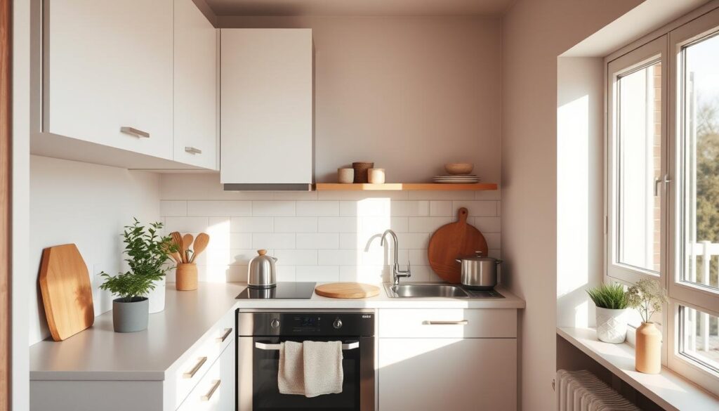 A cozy and inviting small kitchen design featuring sleek, minimalist cabinetry in a warm white tone. The kitchen is bathed in soft, natural lighting from a large window, casting a gentle glow over the compact yet efficient workspace. Carefully selected decorative elements, such as potted herbs, a simple vase, and a rustic wooden cutting board, add character and personality to the space. The overall atmosphere is one of understated elegance and thoughtful functionality, reflecting a creative approach to maximizing the potential of a small kitchen.