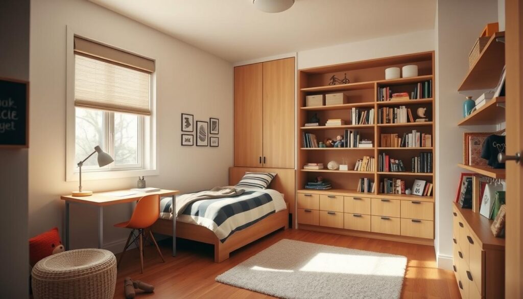 A cozy and organized small boys bedroom layout, featuring a twin-sized bed with a wooden headboard, a compact writing desk with a minimalist lamp, and a built-in bookshelf filled with storybooks and collectibles. The room is bathed in warm, natural light from a large window, casting a soft glow on the hardwood floors. Subtle accent pieces, such as a plush area rug and wall-mounted shelves, add personality and functionality to the space. The overall design is clean, practical, and tailored to the needs of a growing child, maximizing the limited square footage with clever storage solutions.