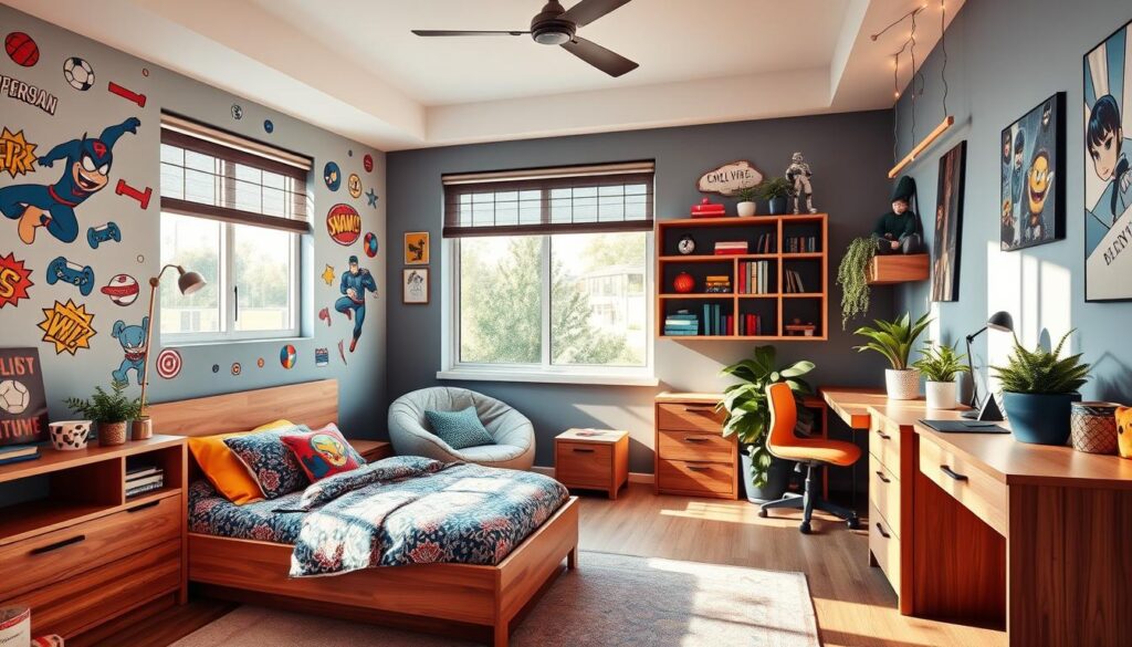 A cozy and personalized boys bedroom, bathed in warm, natural light streaming through large windows. Vibrant, playful wall decor featuring superhero, sports or video game motifs. Plush, patterned bedding and throw pillows in bold colors. A sturdy, low-profile wooden bed frame with built-in shelves and storage. In the corner, a comfortable reading nook with a beanbag chair and bookshelf. Sleek, minimalist wooden desks and dressers, complemented by playful desk accessories. Lush potted plants and string lights add a touch of whimsy. The overall atmosphere is one of youthful creativity and self-expression.