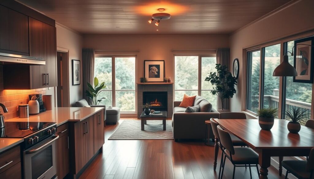 A cozy and personalized small kitchen living room combo with warm lighting, natural textures, and inviting furniture. In the foreground, a stylish L-shaped kitchen with quartz countertops, wooden cabinets, and a stainless steel appliance suite. In the middle, a plush sectional sofa facing a minimalist fireplace, adorned with framed artwork and plants. The background features large windows overlooking a lush outdoor view, casting a soft, golden glow throughout the open-concept space. The overall atmosphere is one of relaxation, comfort, and harmonious integration of function and personal style. A cozy and personalized small kitchen living room combo with warm lighting, natural textures, and inviting furniture. In the foreground, a stylish L-shaped kitchen with quartz countertops, wooden cabinets, and a stainless steel appliance suite. In the middle, a plush sectional sofa facing a minimalist fireplace, adorned with framed artwork and plants. The background features large windows overlooking a lush outdoor view, casting a soft, golden glow throughout the open-concept space. The overall atmosphere is one of relaxation, comfort, and harmonious integration of function and personal style.
