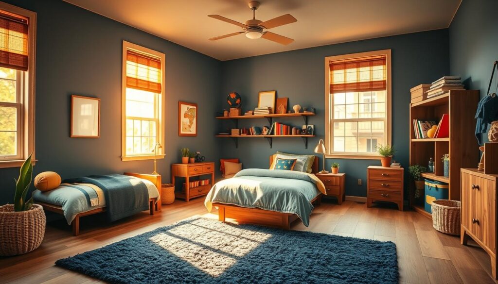 A cozy and vibrant boys' bedroom, bathed in warm golden light streaming through large windows. The walls are painted in a calming blue-gray hue, complemented by rich wood tones and pops of primary colors in the bedding, shelving, and playful accessories. A plush navy area rug grounds the space, while natural textures like a woven basket and potted plants add depth and a touch of nature. Soft, diffused lighting from a central fixture casts a soothing glow, creating an inviting and inspirational atmosphere for a young explorer's imagination to thrive.