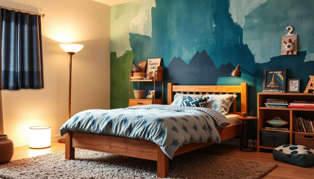 A cozy and vibrant boys' bedroom, with a focal wall featuring a striking abstract mural in shades of blue and green. Soft, warm lighting from a vintage-inspired floor lamp illuminates the space, casting a gentle glow. In the foreground, a sturdy wooden bed frame with a plush, patterned duvet. Mounted on the side wall, a bookshelf displays a collection of adventure-themed books and memorabilia. The room is accented with playful, geometric-patterned throw pillows and a shaggy area rug in earthy tones. The overall atmosphere is one of creativity, exploration, and tranquility.