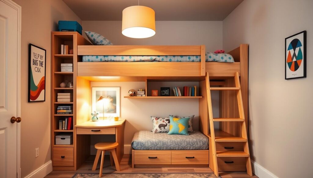 A cozy and vibrant boys' bedroom with a versatile loft bed that maximizes the available space. The loft features a built-in desk, shelves, and ample storage compartments, creating a multifunctional and organized sleeping and study area. Warm lighting from a pendant lamp casts a soft glow, complemented by playful bedding and colorful accents. The room's neutral walls provide a calming backdrop, allowing the loft's dynamic design to take center stage. Captured from a low angle, the composition emphasizes the clever use of vertical space and the bed's integrated functionality, showcasing a practical yet stylish solution for a small boys' bedroom.