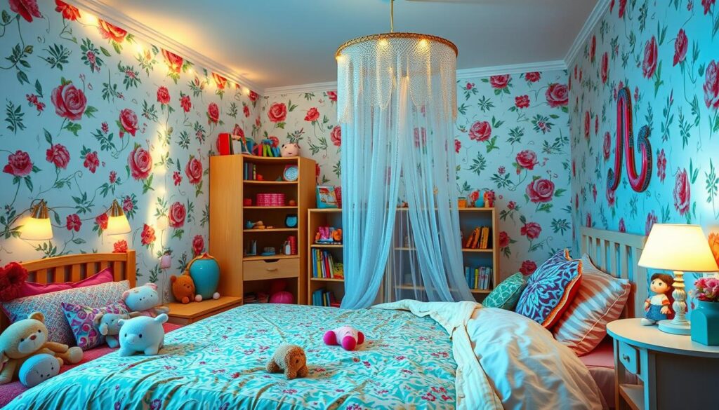 A cozy and vibrant girls' bedroom with playful design elements. In the foreground, a large, inviting bed adorned with colorful bedding and plush pillows. Scattered around are whimsical stuffed animals and decorative accents. In the middle ground, a delicate lace canopy hovers over the bed, casting a soft, dreamy glow. The walls are adorned with a cheerful floral wallpaper, and a bookshelf in the corner holds a collection of storybooks and trinkets. Subtle lighting from a fairy-light garland and a pastel-toned table lamp creates a warm, inviting atmosphere. The overall scene evokes a sense of wonder and imaginative play, perfect for inspiring a young girl's creativity.