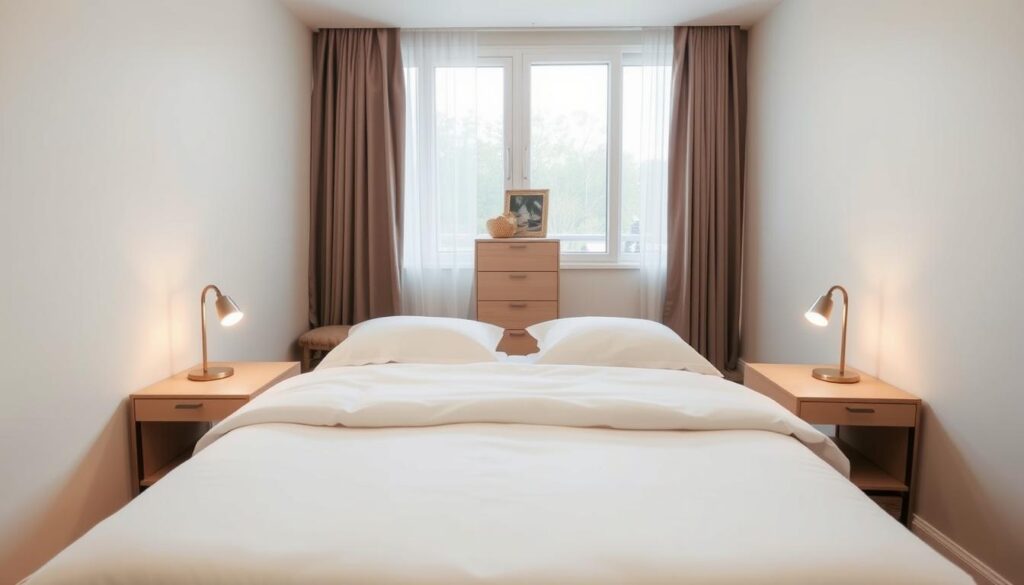 A cozy and well-designed small bedroom, with a minimalist and modern aesthetic. In the foreground, a neatly arranged double bed with crisp white bedding and a pair of sleek nightstands on either side, each with a simple table lamp providing warm, ambient lighting. In the middle ground, a compact dresser or armoire, its clean lines and neutral tone complementing the overall style. The background features a large window, allowing natural light to flood the space and create a serene, airy atmosphere. The room is accented with subtle pops of color, such as a plush area rug or a few carefully placed decorative elements, all working together to optimize the limited square footage and create a harmonious, functional, and visually appealing small bedroom design. A cozy and well-designed small bedroom, with a minimalist and modern aesthetic. In the foreground, a neatly arranged double bed with crisp white bedding and a pair of sleek nightstands on either side, each with a simple table lamp providing warm, ambient lighting. In the middle ground, a compact dresser or armoire, its clean lines and neutral tone complementing the overall style. The background features a large window, allowing natural light to flood the space and create a serene, airy atmosphere. The room is accented with subtle pops of color, such as a plush area rug or a few carefully placed decorative elements, all working together to optimize the limited square footage and create a harmonious, functional, and visually appealing small bedroom design.
