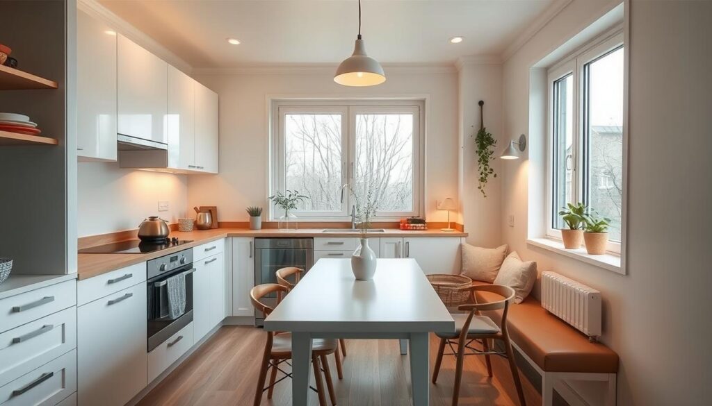 A cozy and well-designed small kitchen with space-saving furniture. A minimalist, Scandinavian-inspired design with white cabinets, light wood accents, and a sleek, built-in dining table that doubles as a workspace. Warm, diffused lighting from overhead fixtures creates a soft, inviting atmosphere. The room is filled with natural light streaming through large windows, highlighting the clean, uncluttered aesthetic. Potted plants and a few decorative accents add pops of color and texture, complementing the overall tranquil, serene vibe. The camera angle captures the kitchen from a slightly elevated perspective, showcasing the efficient layout and multifunctional furnishings. A cozy and well-designed small kitchen with space-saving furniture. A minimalist, Scandinavian-inspired design with white cabinets, light wood accents, and a sleek, built-in dining table that doubles as a workspace. Warm, diffused lighting from overhead fixtures creates a soft, inviting atmosphere. The room is filled with natural light streaming through large windows, highlighting the clean, uncluttered aesthetic. Potted plants and a few decorative accents add pops of color and texture, complementing the overall tranquil, serene vibe. The camera angle captures the kitchen from a slightly elevated perspective, showcasing the efficient layout and multifunctional furnishings.