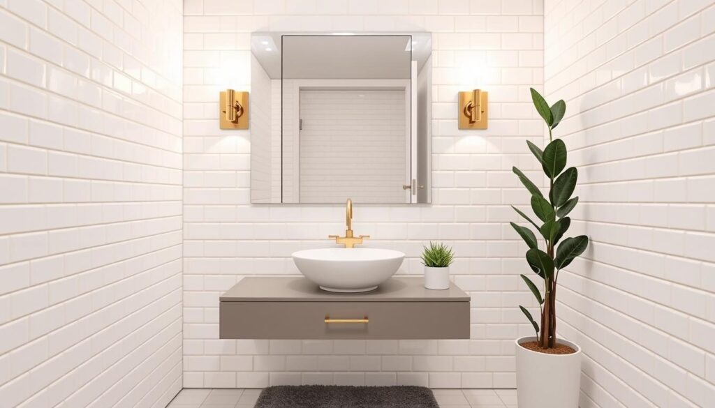 A cozy and well-lit small bathroom, with a large wall-mounted mirror creating the illusion of depth and space. The mirror is flanked by sleek, minimalist sconces that cast a warm glow, illuminating the clean white subway tile walls. A simple floating vanity with a vessel sink and gold-toned hardware stands in the foreground, complemented by a plush gray bath mat and a potted plant adding a touch of greenery. The overall aesthetic is modern and efficient, with clever decor choices that make the most of the compact dimensions.