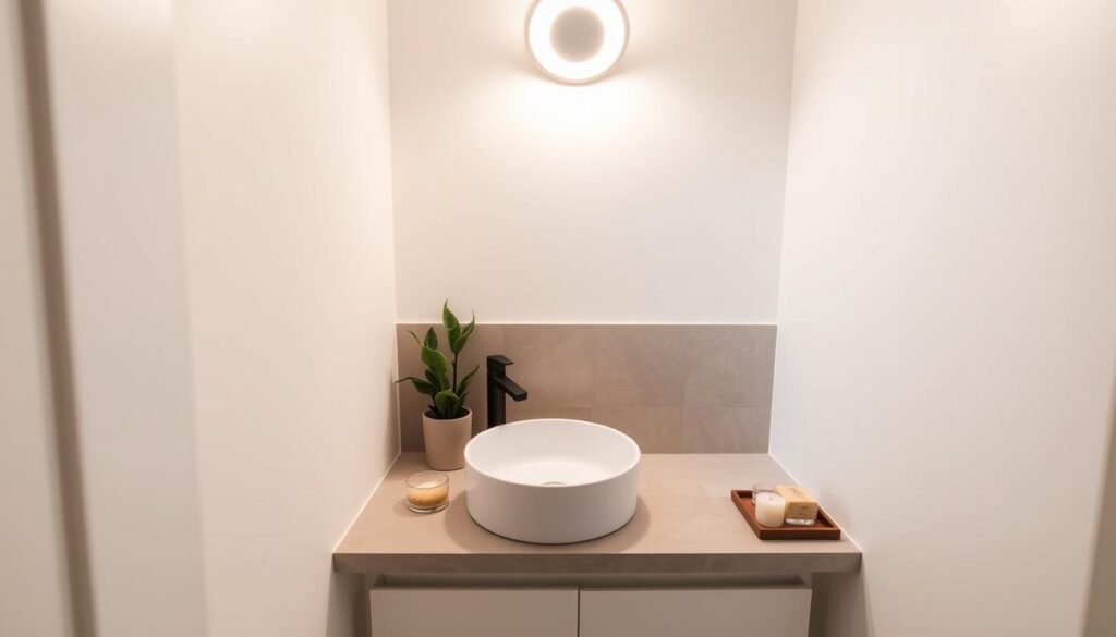 A cozy and well-lit small bathroom with a modern, minimalist decor. The vanity counter features a sleek white ceramic sink, complemented by a matte black faucet. Overhead, a flush-mounted circular LED light fixture casts a warm, flattering glow. Decorative elements include a potted succulent, a small tray with artisanal soap and a minimalist candle. The tiled floor in a neutral gray tone contrasts beautifully with the white walls. The scene exudes a sense of tranquility and relaxation.