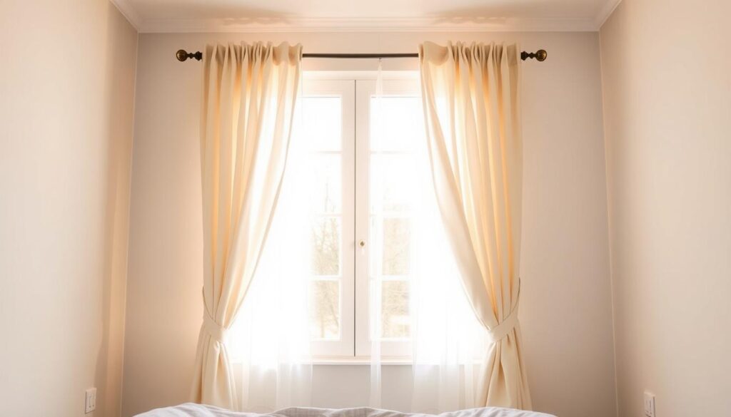 A cozy and well-lit small bedroom with minimalist yet stylish window treatments. The room is bathed in warm, natural light filtering through sheer, off-white curtains that frame the window, creating a soft, airy ambiance. The curtains are held back with delicate, bronze-toned tie-backs, allowing maximum light exposure. A subtle pattern or texture on the curtains adds visual interest without overwhelming the space. The overall effect is one of elegance, coziness, and a sense of openness that makes the small bedroom feel larger and more inviting. A cozy and well-lit small bedroom with minimalist yet stylish window treatments. The room is bathed in warm, natural light filtering through sheer, off-white curtains that frame the window, creating a soft, airy ambiance. The curtains are held back with delicate, bronze-toned tie-backs, allowing maximum light exposure. A subtle pattern or texture on the curtains adds visual interest without overwhelming the space. The overall effect is one of elegance, coziness, and a sense of openness that makes the small bedroom feel larger and more inviting.
