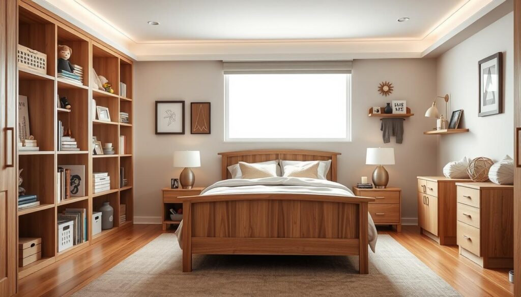 A cozy and well-organized boys bedroom with a neutral color palette and natural wood accents. In the foreground, neatly arranged storage cubbies and shelves showcasing books, toys, and personal mementos. A wooden bed frame with plush bedding occupies the middle ground, flanked by nightstands with minimalist lamps. The background features a large window allowing soft, diffused natural light to fill the room, creating a serene and inviting atmosphere. Subtle wall decor, such as framed art or wall hangings, add a touch of personality. The overall impression is one of practicality, functionality, and a sense of tranquility.