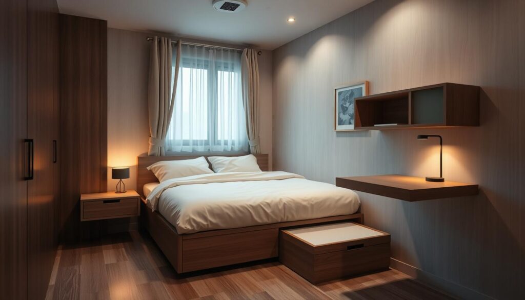 A cozy and well-organized small bedroom, with a minimalist aesthetic and efficient use of space. The room features a low-profile platform bed with integrated storage drawers underneath, maximizing the available floor area. A compact, wall-mounted nightstand and a floating desk provide essential surfaces without encroaching on the limited floorplan. Warm, indirect lighting from a recessed ceiling fixture and a small desk lamp creates a soft, inviting ambiance. Sheer curtains allow natural light to filter in, while maintaining privacy. The room's palette features soothing neutral tones, with subtle textural accents that add visual interest. An overall sense of openness and functionality pervades the scene, showcasing smart design solutions for compact living. A cozy and well-organized small bedroom, with a minimalist aesthetic and efficient use of space. The room features a low-profile platform bed with integrated storage drawers underneath, maximizing the available floor area. A compact, wall-mounted nightstand and a floating desk provide essential surfaces without encroaching on the limited floorplan. Warm, indirect lighting from a recessed ceiling fixture and a small desk lamp creates a soft, inviting ambiance. Sheer curtains allow natural light to filter in, while maintaining privacy. The room's palette features soothing neutral tones, with subtle textural accents that add visual interest. An overall sense of openness and functionality pervades the scene, showcasing smart design solutions for compact living.