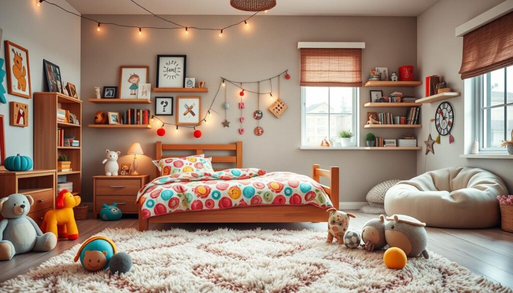 A cozy and whimsical kids' bedroom, filled with playful elements that spark imagination. In the foreground, a plush, colorful rug and an array of plush toys create a soft, inviting texture. The middle ground features a wooden twin bed frame with a vibrant, patterned comforter and coordinating pillows. On the walls, a delightful mix of wall art and shelves displaying personalized trinkets and books. The background showcases a neutral-toned accent wall, complemented by a large window that floods the space with natural light, creating a warm, airy atmosphere. Subtle details like string lights, floating shelves, and a beanbag chair add to the cozy, personalized charm of this enchanting kids' retreat. A cozy and whimsical kids' bedroom, filled with playful elements that spark imagination. In the foreground, a plush, colorful rug and an array of plush toys create a soft, inviting texture. The middle ground features a wooden twin bed frame with a vibrant, patterned comforter and coordinating pillows. On the walls, a delightful mix of wall art and shelves displaying personalized trinkets and books. The background showcases a neutral-toned accent wall, complemented by a large window that floods the space with natural light, creating a warm, airy atmosphere. Subtle details like string lights, floating shelves, and a beanbag chair add to the cozy, personalized charm of this enchanting kids' retreat.