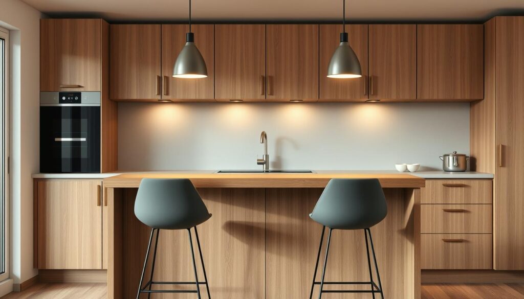 A cozy, bar-height breakfast bar set against a backdrop of minimalist, contemporary kitchen cabinetry. The bar features a sleek, wooden countertop and a pair of modern, angular barstools in a muted color palette. Warm, diffused lighting from overhead pendant fixtures creates a inviting ambiance. The overall composition emphasizes clean lines, subtle textures, and a harmonious balance of form and function - a stylish, space-efficient solution for a small kitchen.