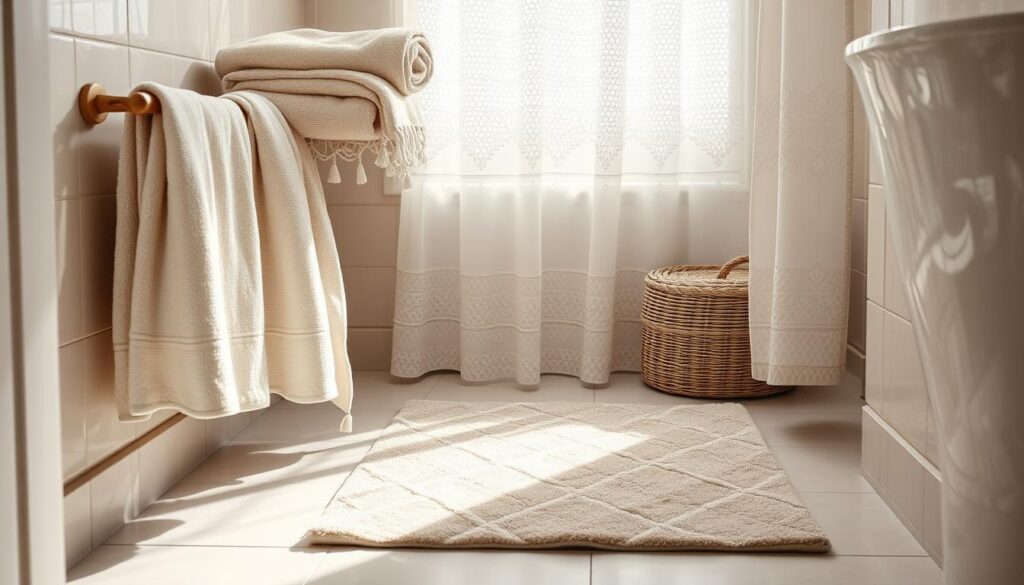 A cozy bathroom scene with elegant textiles. Soft, plush towels in a neutral palette drape over a rustic wooden towel rack. A luxurious bath mat in a subtle geometric pattern covers the tiled floor. In the background, a delicate lace curtain filters the natural light, casting a warm glow. The space is intimate and inviting, with thoughtfully curated textiles that elevate the overall aesthetic. High-key lighting illuminates the textures, creating a serene and spa-like atmosphere. The camera angle is slightly elevated, capturing the full visual harmony of the bathroom's textile accents.