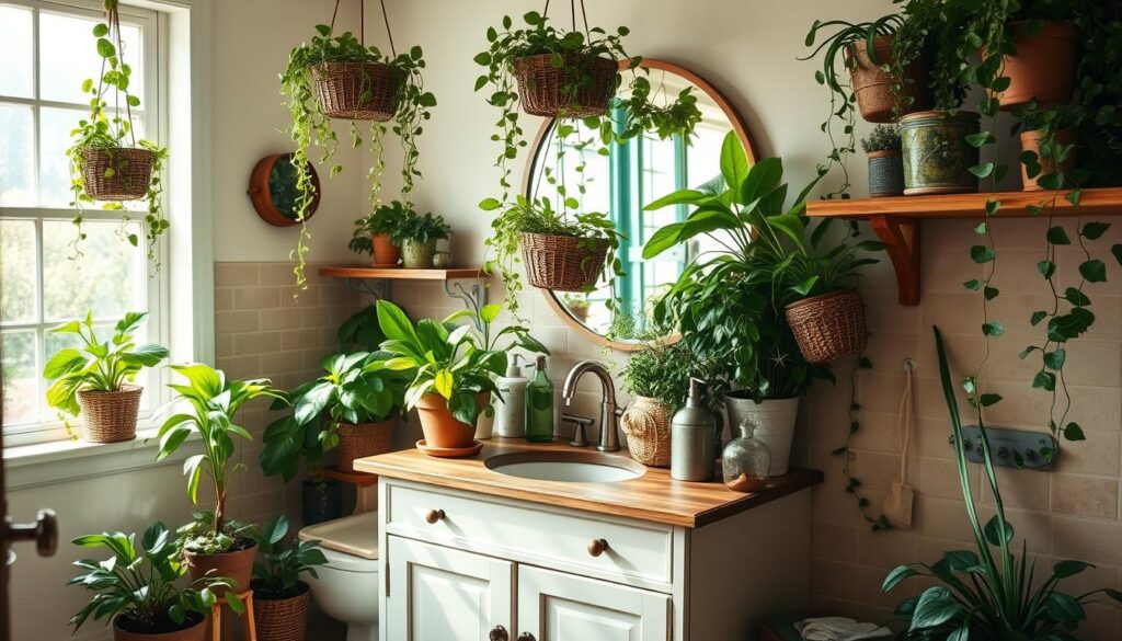 A cozy bathroom with a lush display of greenery. Potted plants of varying sizes and textures adorn the vanity and shelves, creating a serene, nature-inspired ambiance. Soft, filtered sunlight streams through a window, illuminating the verdant foliage. The tile floors reflect the natural elements, and the overall composition evokes a rustic, farmhouse charm. Delicate vines cascade from hanging baskets, adding depth and movement to the scene. The color palette is a harmonious blend of earthy tones and vibrant greens, creating a calming, spa-like atmosphere.