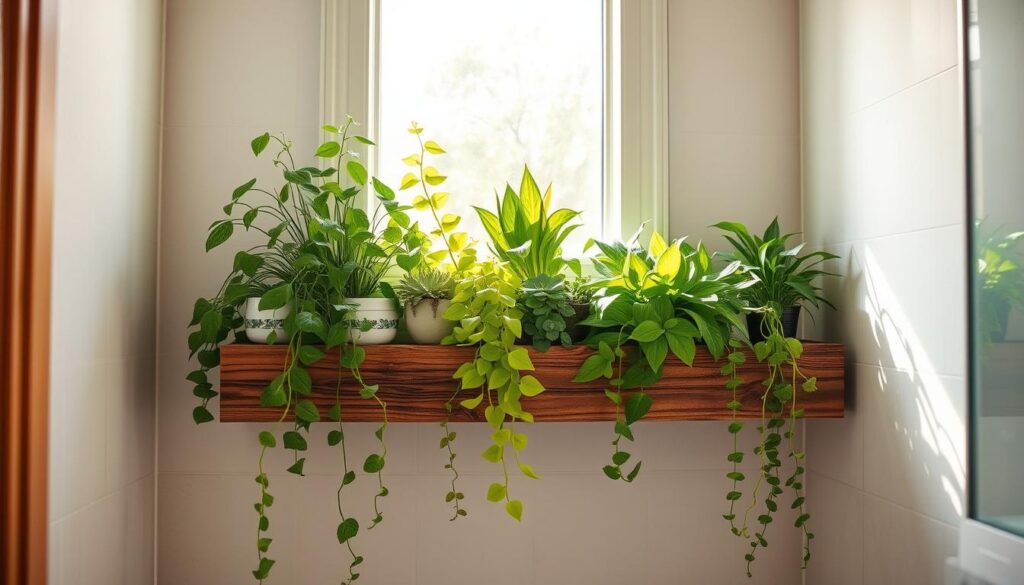 A cozy bathroom with a wooden floating shelf displaying an assortment of lush, vibrant plants. The shelf is illuminated by soft, natural light filtering through a nearby window, casting a warm, inviting glow. The plants, ranging from trailing vines to leafy succulents, are carefully arranged to create a harmonious, serene atmosphere. The shelf is made of a rustic, distressed wood, complementing the earthy, botanical theme. The background features pale, neutral-toned tiles, allowing the greenery to take center stage. A sense of tranquility and rejuvenation pervades the scene, making it the perfect addition to a relaxing, spa-like bathroom setting.