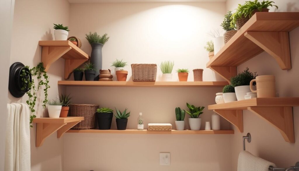 A cozy bathroom with high shelves for maximizing vertical storage. The shelves are made of light wood, with decorative brackets supporting them. Potted plants, wicker baskets, and small decorative items line the shelves, creating a warm, rustic ambiance. The lighting is soft and diffused, casting a gentle glow over the scene. The walls are a soothing neutral color, complementing the natural wood tones. The overall effect is one of efficient organization and a touch of farmhouse-inspired style, perfect for a small bathroom space.