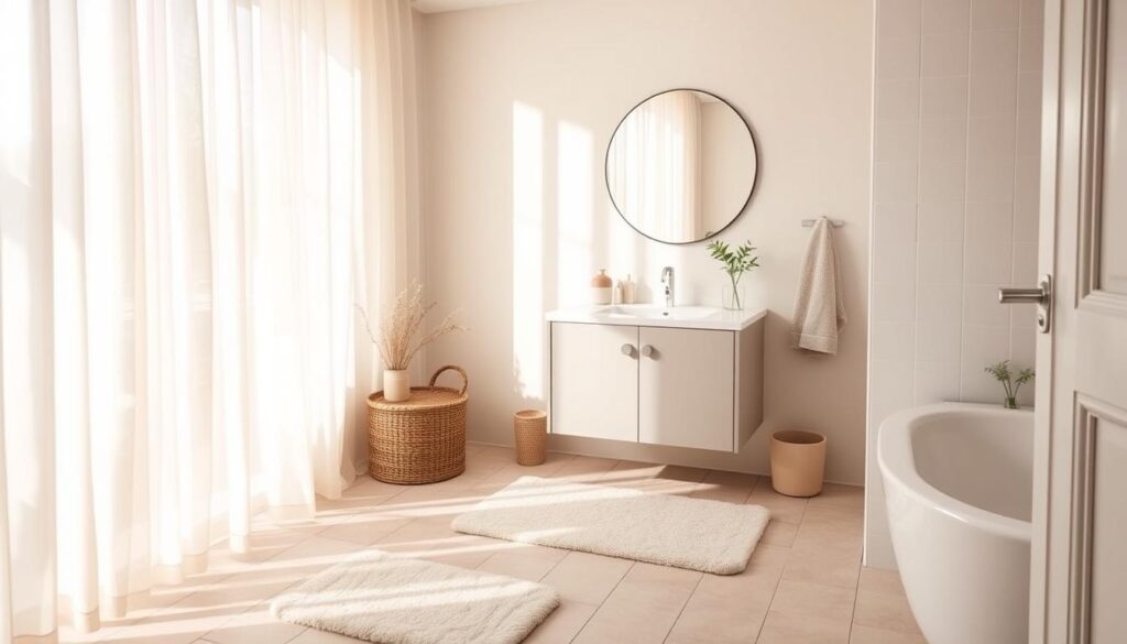 A cozy bathroom with natural light filtering through sheer curtains, accentuating the soft pastel tones of the decor. Delicate ceramic trinkets, a small potted plant, and a fluffy towel add subtle touches of nature. The vanity features a simple, clean-lined design, complemented by a round mirror that reflects the warm glow. Plush bath mats in a muted color palette create a sense of tranquility, while the tiled floor adds a touch of textural interest. The overall atmosphere is one of calm and inviting minimalism, perfectly embodying the essence of "Embrace Light Colors for Spaciousness."