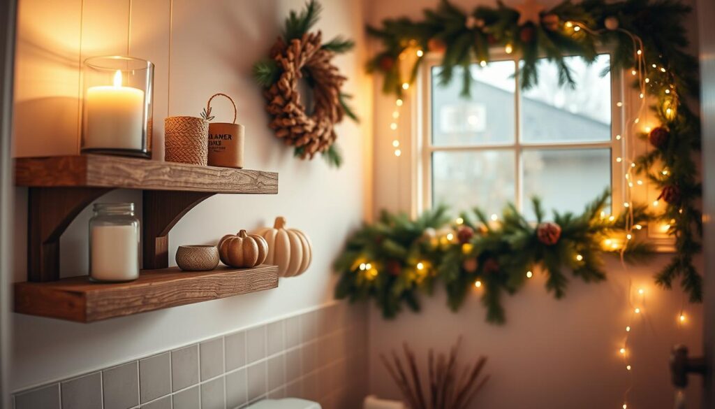 A cozy bathroom with seasonal decor adorning the shelves above the toilet. The foreground features a rustic wooden shelf holding a variety of holiday-themed accessories - a glass hurricane candle, a woven wreath, and a ceramic pumpkin. The middle ground showcases a mix of evergreen garlands, pinecones, and twinkling string lights cascading down the wall. The background depicts a warm, soft-focus scene with a large window allowing natural light to filter in, casting a gentle glow throughout the space. The overall atmosphere is one of hygge and festive charm, perfectly encapsulating the changing seasons.