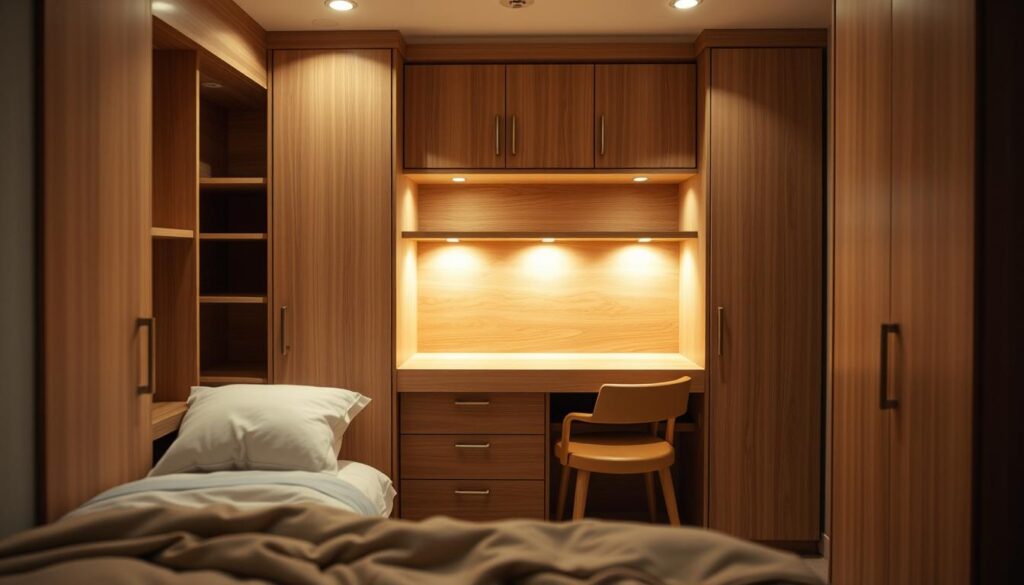 A cozy bedroom filled with a multifunctional storage unit, its sleek, minimalist design blending seamlessly with the warm, inviting atmosphere. The piece features hidden compartments, shelves, and a fold-out desk, maximizing the limited space while maintaining a clean, uncluttered aesthetic. Soft, diffused lighting casts a gentle glow, highlighting the rich, natural wood tones and creating a sense of tranquility. The camera captures the unit from a slightly elevated angle, showcasing its versatility and how it can be integrated into a small, well-designed bedroom. A cozy bedroom filled with a multifunctional storage unit, its sleek, minimalist design blending seamlessly with the warm, inviting atmosphere. The piece features hidden compartments, shelves, and a fold-out desk, maximizing the limited space while maintaining a clean, uncluttered aesthetic. Soft, diffused lighting casts a gentle glow, highlighting the rich, natural wood tones and creating a sense of tranquility. The camera captures the unit from a slightly elevated angle, showcasing its versatility and how it can be integrated into a small, well-designed bedroom.