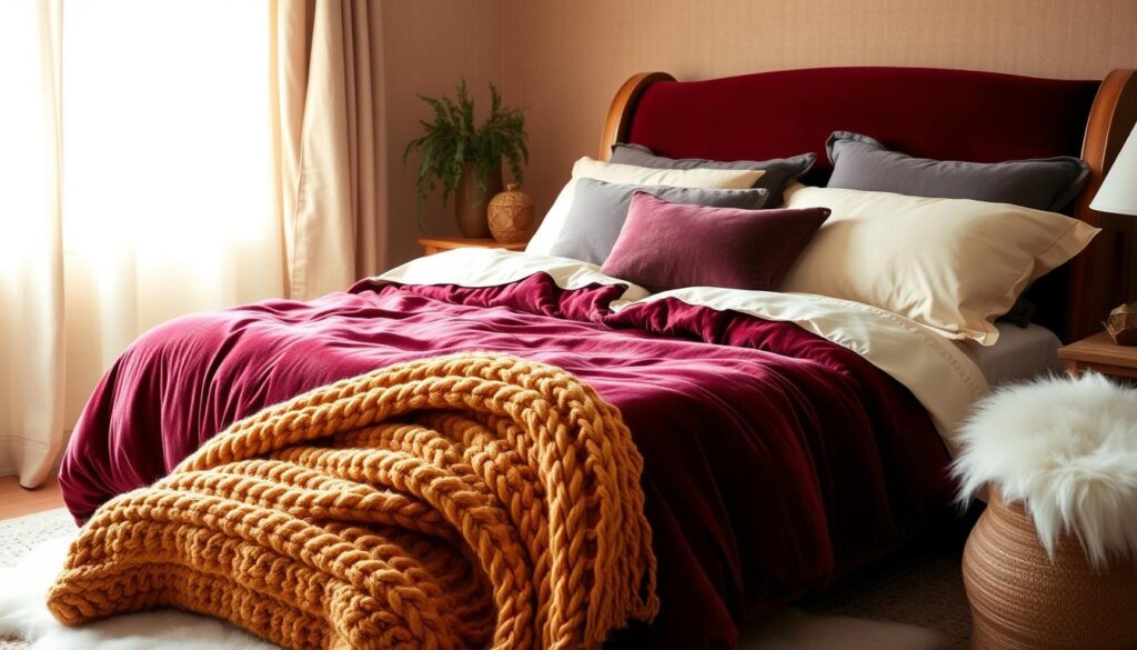 A cozy bedroom with plush, inviting textiles. A plush velvet comforter in a rich burgundy hue covers a wooden sleigh bed, accented by piles of soft, oversized pillows in shades of cream and gray. In the foreground, a chunky knit throw in a warm ochre tone drapes over the foot of the bed, while a sheepskin rug adds tactile interest underfoot. Warm, diffused light filters through sheer, linen curtains, casting a gentle glow across the space. The overall mood is one of comfort, relaxation, and retreat.