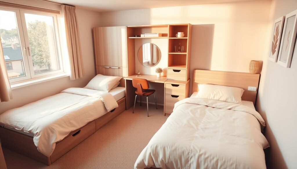 A cozy bedroom with two twin beds, a compact desk that doubles as a vanity, and a modular storage unit with shelves and drawers. The room is bathed in warm, natural light filtering through a large window. The furniture has a minimalist, Scandinavian-inspired design in neutral tones, complementing the soft, textured bedding and wall decor. The overall atmosphere is one of efficiency, organization, and calm - creating a harmonious, multifunctional space for two sisters to share. A cozy bedroom with two twin beds, a compact desk that doubles as a vanity, and a modular storage unit with shelves and drawers. The room is bathed in warm, natural light filtering through a large window. The furniture has a minimalist, Scandinavian-inspired design in neutral tones, complementing the soft, textured bedding and wall decor. The overall atmosphere is one of efficiency, organization, and calm - creating a harmonious, multifunctional space for two sisters to share.