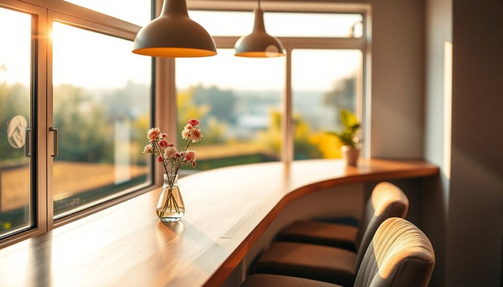 A cozy breakfast bar nestled by a bright window, bathed in warm natural light. The wooden countertop is adorned with a simple vase of fresh flowers, casting a gentle glow. Behind it, an expansive view of a lush garden or cityscape, blurred softly to draw the eye forward. Plush upholstered barstools invite lingering over a hearty meal, while minimalist pendant lights overhead create an inviting atmosphere. The scene radiates a sense of tranquility and morning leisure, perfectly suited for a small kitchen space.