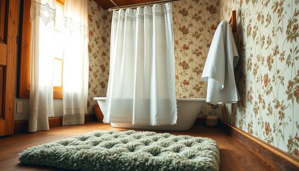 A cozy farmhouse bathroom, bathed in warm, natural lighting filtering through lace-trimmed curtains. In the foreground, a plush, tufted bath mat in a soft, muted green hue anchors the space, while fluffy white towels and a matching hand towel hang neatly on a rustic wood towel rack. In the middle ground, a delicate lace-edged shower curtain sways gently, complementing the vintage-inspired floral wallpaper that adorns the walls. The overall mood is one of tranquility and comfort, inviting the viewer to sink into the relaxing, pastoral ambiance.