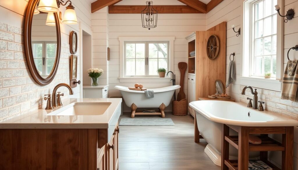 A cozy farmhouse bathroom filled with rustic charm. In the foreground, a large farmhouse sink with a wooden vanity cabinet, adorned with farmhouse-style knobs and accents. Soft lighting casts a warm glow, illuminating the textured subway tile backsplash. The middle ground features a freestanding claw-foot tub, surrounded by natural wood accents and vintage-inspired fixtures. In the background, a large window allows natural light to stream in, complementing the neutral color palette and shiplap walls. The overall atmosphere is one of relaxed elegance, blending modern and traditional elements for a truly inviting farmhouse-inspired space.