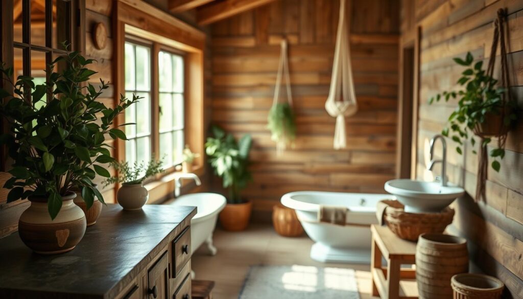 A cozy farmhouse bathroom, with natural elements woven throughout the decor. In the foreground, a wooden vanity with a stone countertop, accented by lush greenery in ceramic planters. The middle ground features a claw-foot tub framed by a large window, allowing soft, natural light to filter in. In the background, a wall adorned with rustic wood paneling, complemented by a hanging macramé plant holder. The overall scene exudes a warm, earthy ambiance, creating a harmonious blend of organic materials and tranquil natural tones.