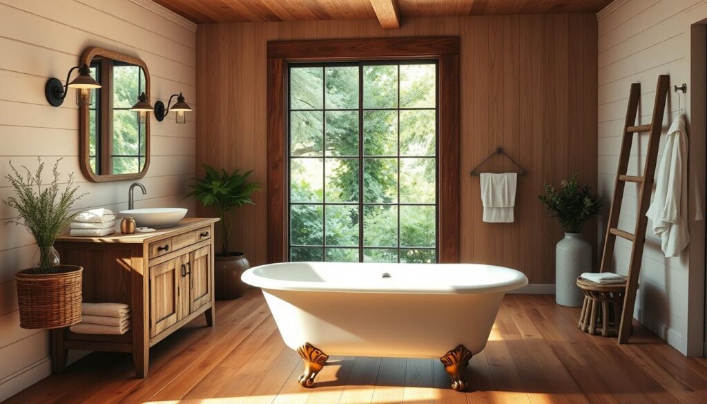 A cozy farmhouse bathroom with rustic-chic decor. In the foreground, a vintage-inspired clawfoot tub sits atop a warm wooden floor, surrounded by shiplap walls. On the vanity, a farmhouse-style vanity mirror is flanked by industrial-inspired sconces, casting a soft, ambient glow. In the middle ground, a wooden ladder leans against the wall, holding fluffy white towels. The background features a large window with a view of a lush, overgrown garden, bathed in natural light. The overall atmosphere is one of relaxed sophistication, blending rustic and modern elements seamlessly.