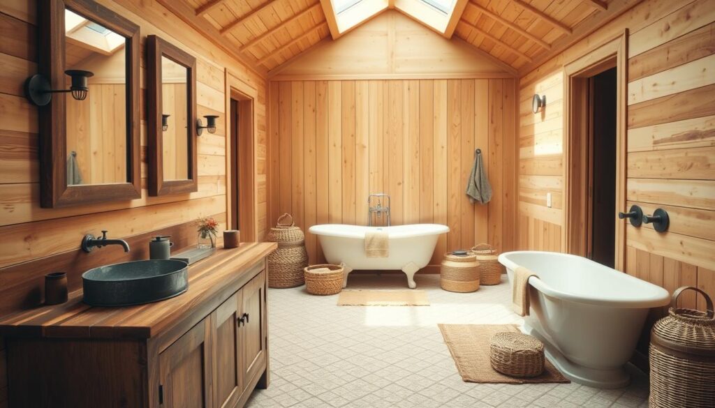 A cozy farmhouse bathroom with rustic wood elements. The foreground features a wooden vanity with a rustic metal sink basin, complemented by a thick wooden countertop. On the wall, a large framed mirror is flanked by sconce lighting fixtures with a vintage brass finish. In the middle ground, a claw-foot bathtub stands atop a patterned tile floor, surrounded by woven baskets and natural fiber accents. The background showcases shiplap-clad walls in a warm, weathered tone, setting the perfect rustic ambiance. Soft, diffused lighting from a skylight above creates a serene, inviting atmosphere.