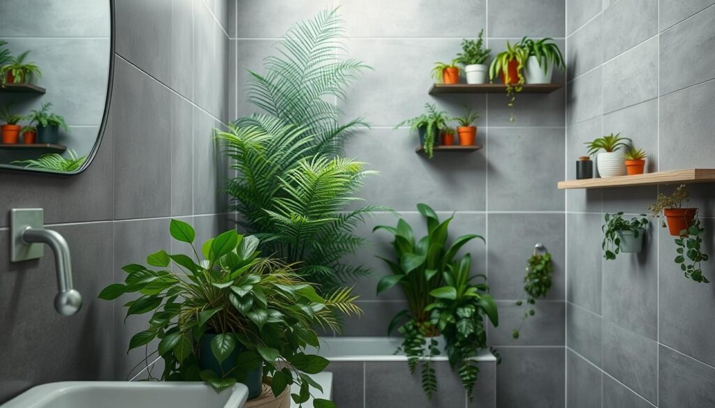 A cozy grey bathroom filled with lush greenery, a serene oasis amidst the tiles. In the foreground, a potted plant cascades over the vanity, its verdant leaves complementing the muted tones. In the middle ground, a tall fern stands proud, its fronds gently swaying in the soft, diffused lighting. The background features a wall-mounted shelving unit, housing an assortment of smaller potted plants, each adding a touch of life to the minimalist space. The overall atmosphere is calming and rejuvenating, with the plants softening the hard edges of the bathroom and creating a sense of natural harmony.