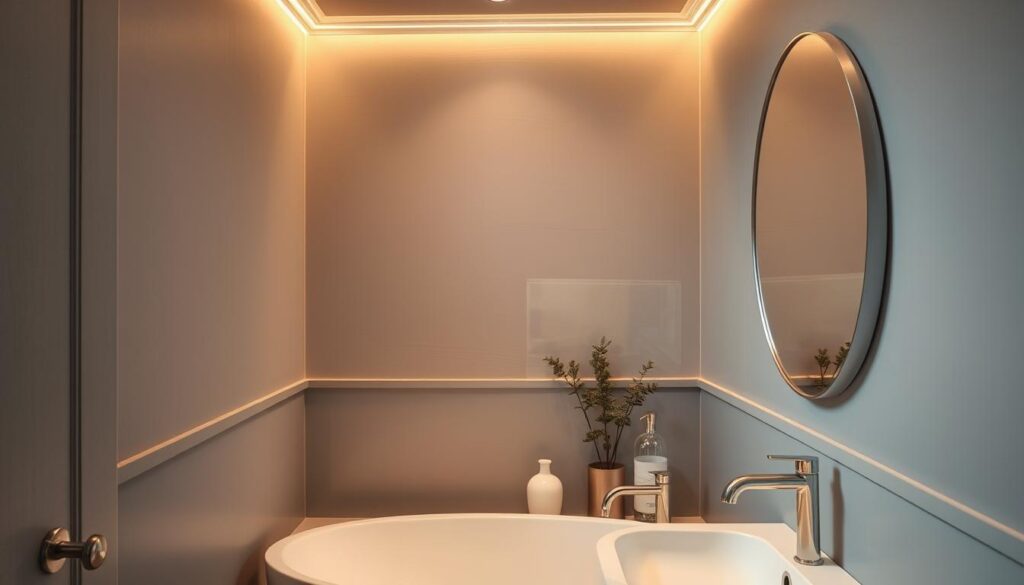 A cozy grey bathroom with a mix of matte and satin finishes. The walls feature a subtly textured paint technique, with gentle brush strokes adding depth and character. Warm accent lighting creates a soft, inviting ambiance, complementing the grey tones. Hints of metallic hardware and minimalist decor elements add a touch of sophistication. The overall composition emphasizes the calming, spa-like atmosphere, perfect for a small, relaxing retreat.