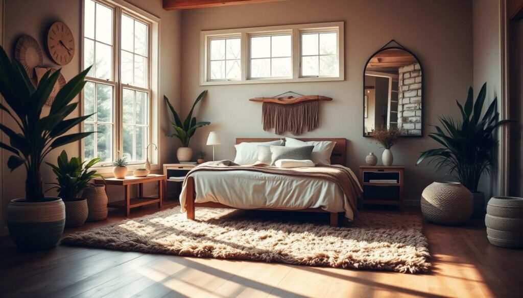 A cozy guest bedroom bathed in warm, natural light from large windows. Soft textures and muted tones create a serene, inviting atmosphere. A plush, earthy-toned area rug anchors the space, complemented by a wooden bed frame and nightstands with minimalist decor. Lush potted plants and a driftwood wall hanging bring the outdoors in, while a large, distressed mirror reflects the natural elements. Gentle shadows and a slight vignette effect lend an intimate, moody quality to the scene. A cozy guest bedroom bathed in warm, natural light from large windows. Soft textures and muted tones create a serene, inviting atmosphere. A plush, earthy-toned area rug anchors the space, complemented by a wooden bed frame and nightstands with minimalist decor. Lush potted plants and a driftwood wall hanging bring the outdoors in, while a large, distressed mirror reflects the natural elements. Gentle shadows and a slight vignette effect lend an intimate, moody quality to the scene.