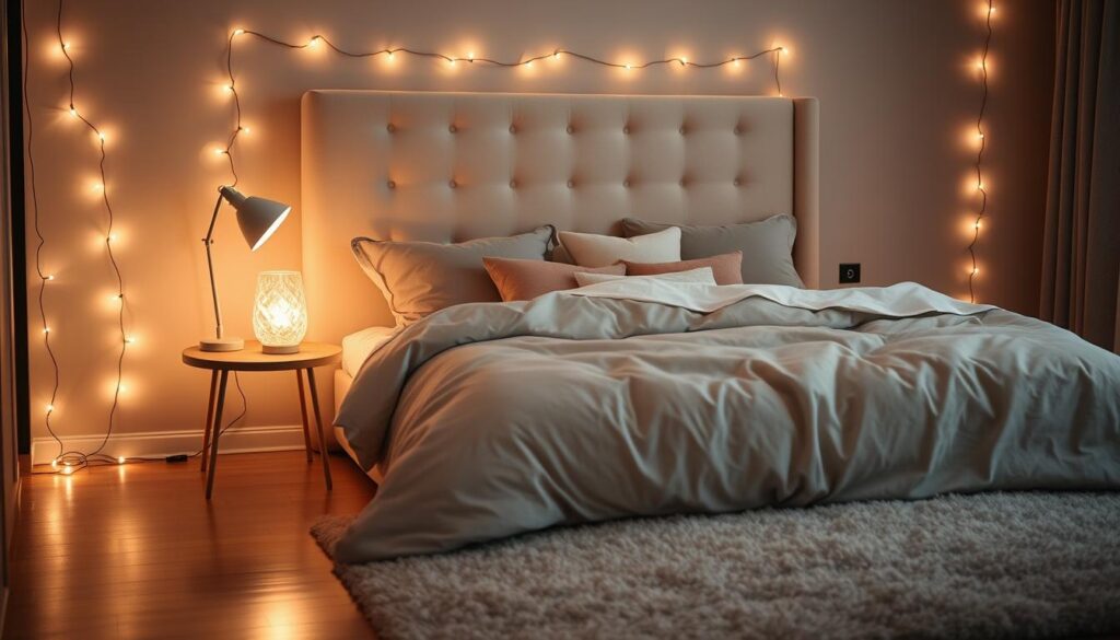 A cozy, intimate bedroom scene with warm, soft lighting. A plush, tufted headboard frames the scene, creating a comforting focal point. Delicate string lights are draped along the walls, casting a gentle, ambient glow. A fluffy duvet and array of pillows in muted, earthy tones invite relaxation. A minimalist bedside table holds a single, glowing table lamp, its light reflecting off a crystalline vase. The hardwood floors are covered by a thick, neutral-toned area rug, adding texture and depth. Overall, the space exudes a sense of tranquility and comfort, perfect for unwinding after a long day.