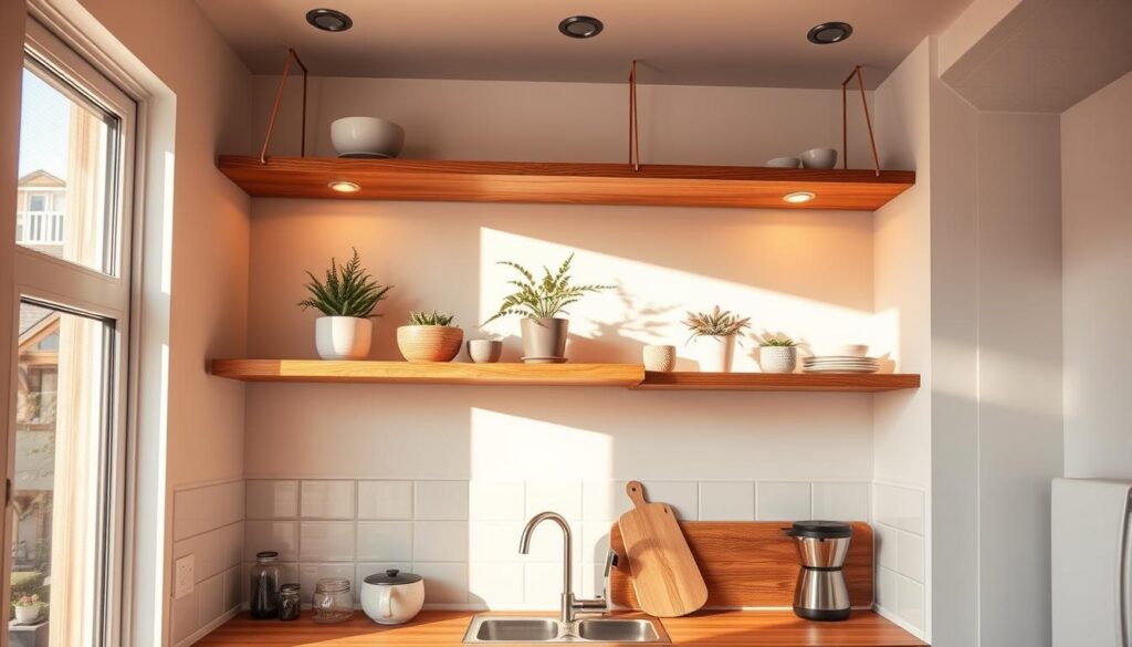 A cozy kitchen breakfast bar with floating wooden shelves delicately suspended from the ceiling, bathed in warm, natural lighting. The shelves display an artful arrangement of potted plants, decorative bowls, and a few carefully selected kitchen essentials, creating a harmonious and inviting atmosphere. The wooden tones of the shelves complement the neutral color palette of the surrounding cabinetry and backsplash, while the clean, minimalist design adds an elegant touch to the compact space. The camera angle captures the shelves from a slightly elevated perspective, emphasizing their floating, weightless appearance and highlighting the practical yet stylish functionality they bring to this small kitchen.